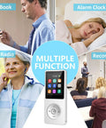 Bluetooth MP3 Player With Dope Built In Speaker And 64GB Card showcasing multiple functions with images of FM radio and alarm use.