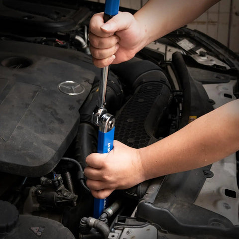 Ratchet Wrench Extender For Hard To Reach Spots used in car engine bay, showing universal offset extension bar and square drive adapters