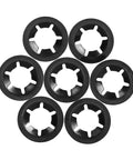 Close-up of 7 black internal tooth washers from Starlock Washer Set 320 Piece Internal Tooth Locking Washers Kit With 7 Sizes.