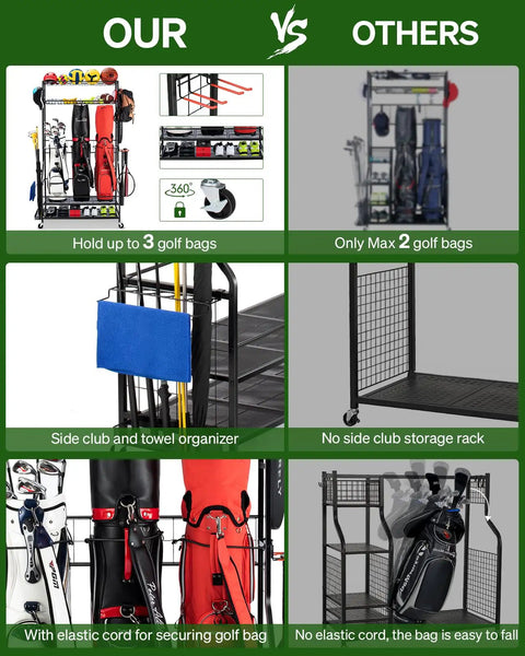 Comparison of all in one golf bag storage rack with wheels, 3 bag stand, 4 hooks, extra club display, garage organizer