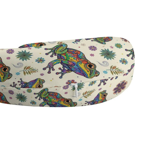 Ultra Cozy U Shaped Neck Pillow For Travel And Office Use Lightweight Reusable Polyester Napping Pillow With Abstract Frog Print Ideal For Planes Trains And Cars in close-up view showing abstract frog print and zipper