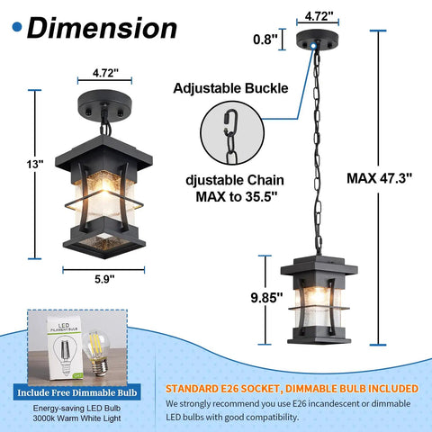 Dimensions of Motion Outdoor Pendant Light With Dusk To Dawn Sensor Exterior Hanging Lantern in Black Finish and Seeded Glass