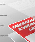 Two Pack Emergency Assembly Area Signs 18 By 12 Inches Aluminum Reflective Safety Signage With Pre Drilled Holes For Business Construction Site Warehouse And Evacuation Guidance showing layers of protective film, reflective coating, and heavy-duty aluminum.