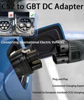 Heavy Duty CCS2 To GBT EV Charger Adapter Featuring Silver Plated Terminals For Hella Fast Electric Vehicle Charging And Built Tough Long Distance Travel Readiness connected to charging port.