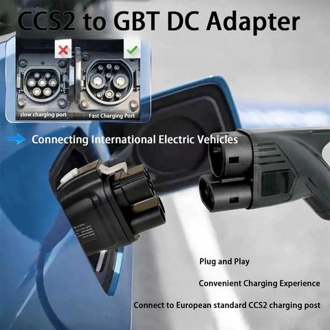Heavy Duty CCS2 To GBT EV Charger Adapter Featuring Silver Plated Terminals For Hella Fast Electric Vehicle Charging And Built Tough Long Distance Travel Readiness connected to charging port.