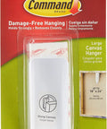 Packaging of Large White Canvas Hanger Pack Of 10 With Two Foam Strips And One Hook For Damage Free Hanging, front view.
