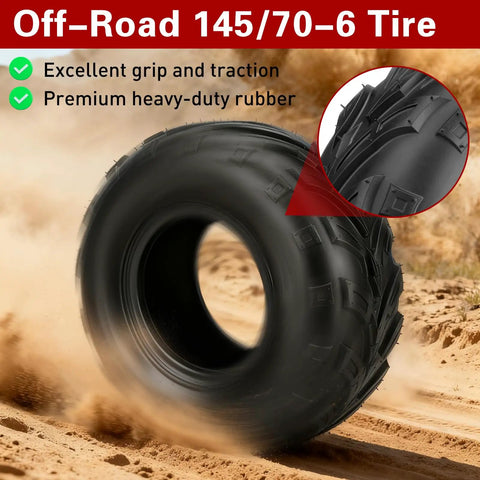 145/70-6 Mini Bike Tires Tubeless Replacement, off-road use with aggressive tread detail, black rubber for grip