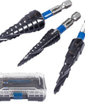 Pro Grade M35 Cobalt Step Drill Bit Set With CBN Ground And AlTiN Coating, One Quarter Inch Hex Shank, Includes 6, 10 And 13 Steps