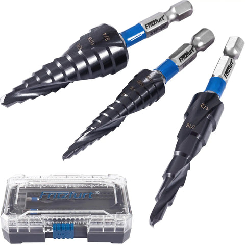 Pro Grade M35 Cobalt Step Drill Bit Set With CBN Ground And AlTiN Coating, One Quarter Inch Hex Shank, Includes 6, 10 And 13 Steps