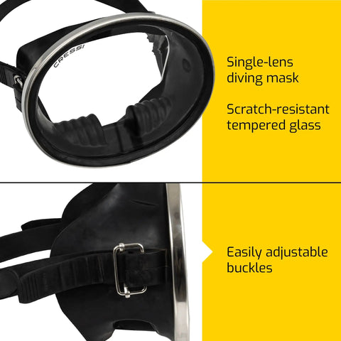 Retro Style Freediving Mask With Oval Tempered Glass Lens For Crystal Clarity featuring adjustable buckles and silicone skirt.