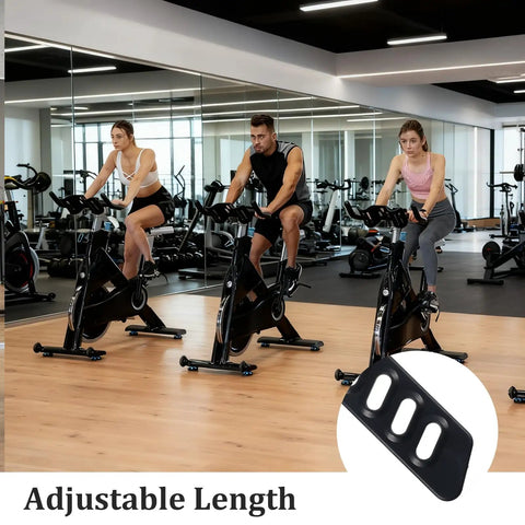 3 people on stationary bikes using 2 Pairs Adjustable Exercise Bike Pedal Straps for home gym, inset showing rubber strap detail