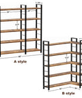 Sixty Five X Fifty L Shaped Bookshelf With Five Tier LED Accent Lighting Ten Spacious Open Compartments Adjustable Leveling Feet Slick Corner Rack For Chill Home Office Setup And Seriously Dope Display, showcasing dimensions and two style options.