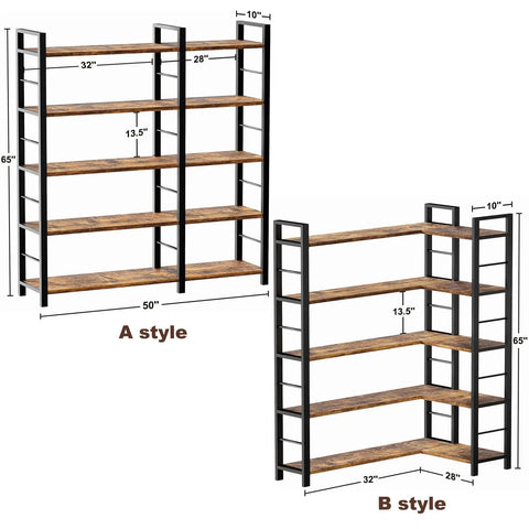 Sixty Five X Fifty L Shaped Bookshelf With Five Tier LED Accent Lighting Ten Spacious Open Compartments Adjustable Leveling Feet Slick Corner Rack For Chill Home Office Setup And Seriously Dope Display, showcasing dimensions and two style options.