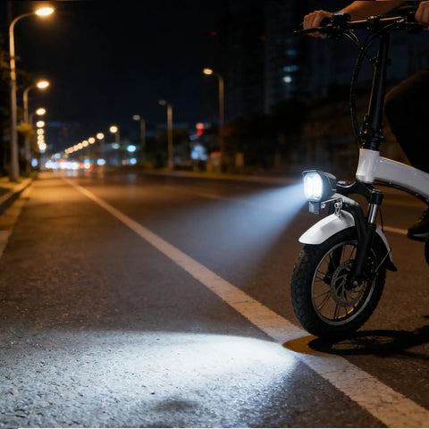 High Visibility E Bike Horn Front Light With 3 Pin Connector And Built In Horn illuminating a city street at night