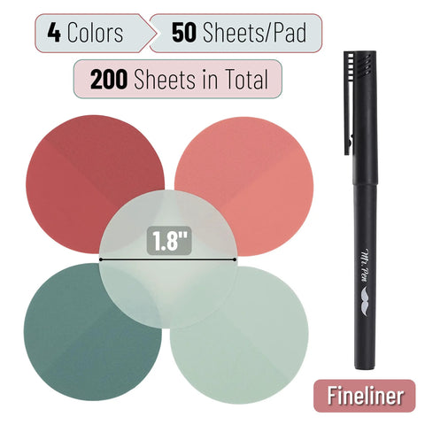 Round Transparent Sticky Notes You Can Totally Use 1.8 Inch 4 Pads With 200 Sheets And Quick Dry Fine Tip Pen Easy Peel Water Resistant And Clean Removal For Bible Journaling And Daily Planning, shown in four colors with a black fineliner pen.