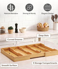 Expandable Kitchen Utensil Organizer Drawer Tray With Natural Wood Finish And Adjustable Dividers on kitchen counter.