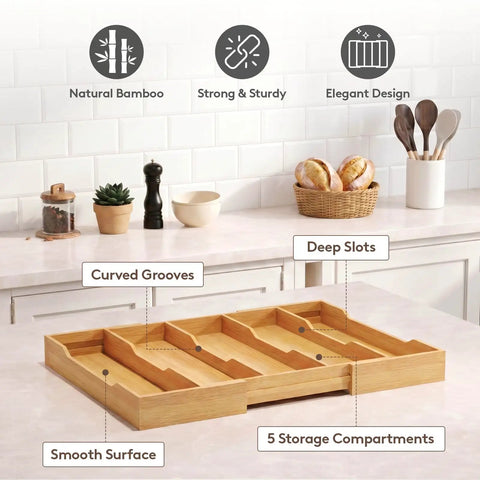 Expandable Kitchen Utensil Organizer Drawer Tray With Natural Wood Finish And Adjustable Dividers on kitchen counter.