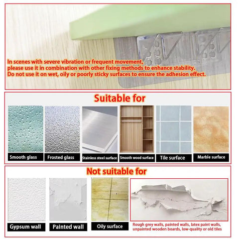 Image showing surfaces suitable and not suitable for Heavy Duty Peel And Stick Shelf Brackets Large Size Wall Mount Support Pegs 12 Pack.