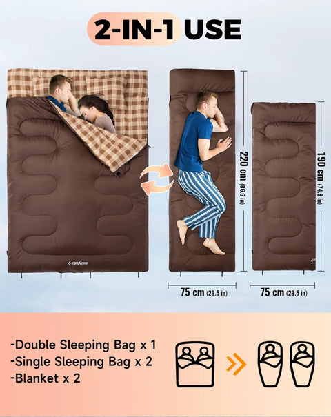 Two Person Queen Size XXL Flannel Sleeping Bag With Cotton Liner And Two Pillows showing double and single configurations