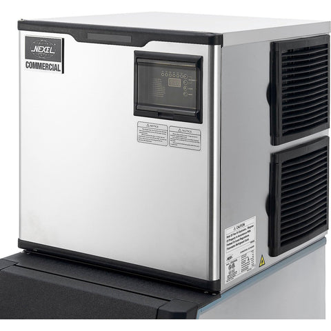 Heavy Duty Commercial Ice Maker With 230 Lb Storage Bin And Air Cooled Design, Produces 420 Lbs Of Smooth Ice Daily, Built Ridiculously Tough In 304 Stainless Steel For Bars And Kitchens, Total No Sweat Self Cleaning, silver stainless steel unit with control panel and air cool vents.