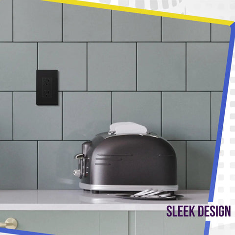 No Sweat Install Hella Sleek Matte Decorator Wall Outlet 15 Amp Electrical Receptacle mounted above a toaster on a kitchen counter.