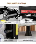 Full Auto Cup Sealing Machine With LCD Control Panel showing clamp spring, security baffle, electric eye sensor, and anti-slip feet.