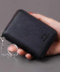 RFID Blocking Zipper Wallet For Women With 16 Card Slots And 2 Cash Pockets Compact Keychain Wallet In Black Color