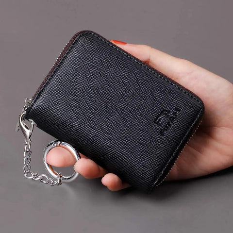 RFID Blocking Zipper Wallet For Women With 16 Card Slots And 2 Cash Pockets Compact Keychain Wallet In Black Color