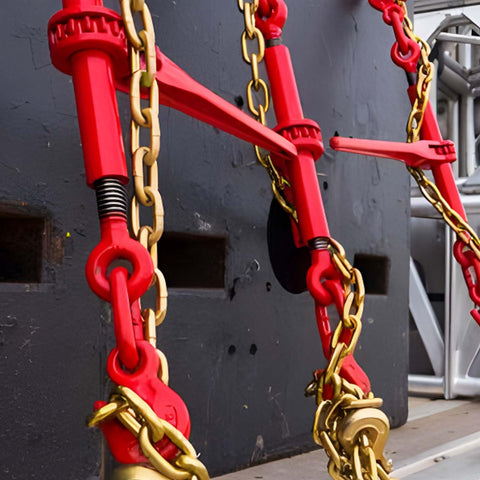 Ratcheting Chain Binders With Grab Hooks 1/4-5/16 Inch, 2,200 LBS Working Load in use on industrial chains, close-up view