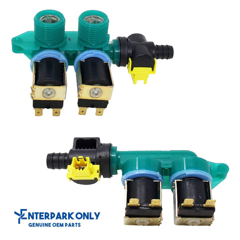 Washer Water Inlet Valve Replacement Compatible With Whirlpool Kenmore And Maytag Direct Oem Replacement Replaces WP8578341 AP6013540 PS11746766 AP6013539 PS11746765 That Restores Proper Water Flow And Fits Popular Washer Models - Two Green Valves Displayed