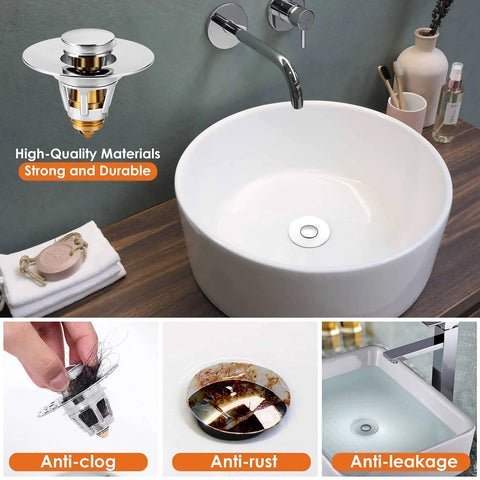 Universal Bathroom Sink Stopper And Drain Strainer No Fuss Pop Up Plug With Stainless Steel Hair Catcher For 1.1 To 1.5 Inch Drains Fits Most Sinks 2 In 1 Drain Plug And Strainer Silver showing anti-clog, anti-rust, anti-leakage features in bathroom setting.