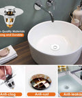 Universal Bathroom Sink Stopper Pop Up Drain Strainer with Stainless Hair Catcher for 1.1 to 1.5 Inch Drains 2 Pack Silver installed in basin