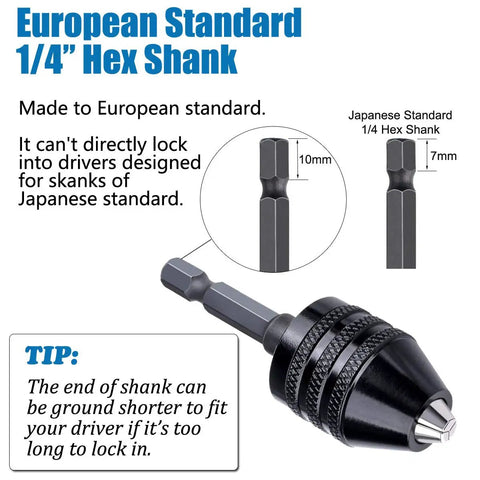 Keyless Mini Drill Chuck Adapter For Cordless Screwdrivers And Impact Drivers Quick Change Converter with European 1/4 Inch Hex Shank