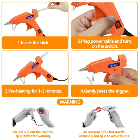 Instructional steps for Colorful Mini Hot Glue Gun Kit 12-Piece Set showing usage and safety guidelines