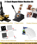 Fridge Magnet Maker Kit With 2 By 2 Inch Square Diy Photo Magnet Press Includes Paper Cutter 100 Sets Acrylic Supplies And 100 Sheets Photo Paper For Easy Custom Refrigerator Magnets product illustration showing components and finished magnets.