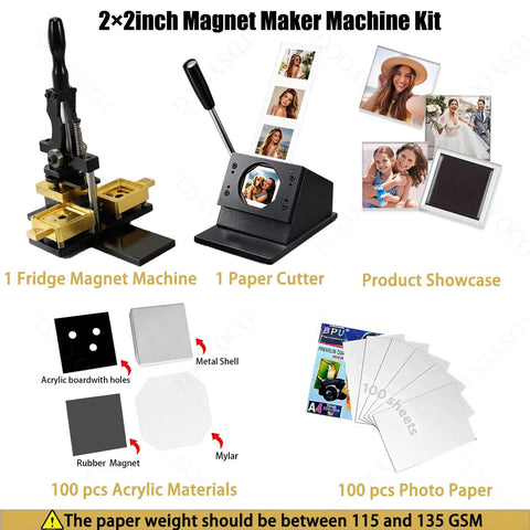 Fridge Magnet Maker Kit With 2 By 2 Inch Square Diy Photo Magnet Press Includes Paper Cutter 100 Sets Acrylic Supplies And 100 Sheets Photo Paper For Easy Custom Refrigerator Magnets product illustration showing components and finished magnets.