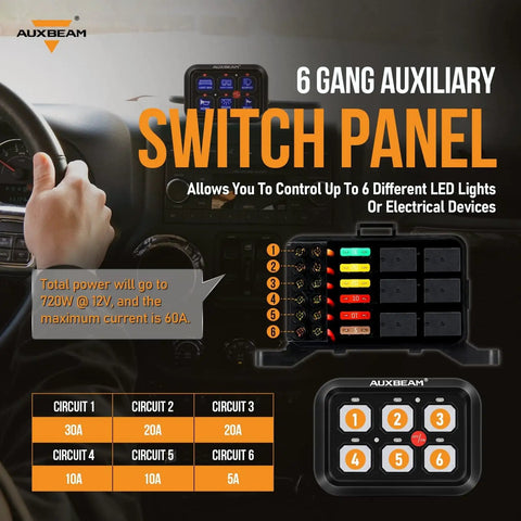 Slick 6 Gang Touch Control Switch Panel With Automatic Dimmable LED Backlight And Built In Relay System For Car Truck Jeep SUV Boat UTV Wiring.