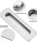 Dead Simple Seven Inch Recessed Pocket Door Pull With Rock Solid Rust Proof Brushed Stainless Steel Slide Grip Handle For Easy Glide Barn Doors And Tight Cabinet Installations close-up of brushed steel surface and invisible screw hole.