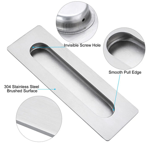 Dead Simple Seven Inch Recessed Pocket Door Pull With Rock Solid Rust Proof Brushed Stainless Steel Slide Grip Handle For Easy Glide Barn Doors And Tight Cabinet Installations close-up of brushed steel surface and invisible screw hole.
