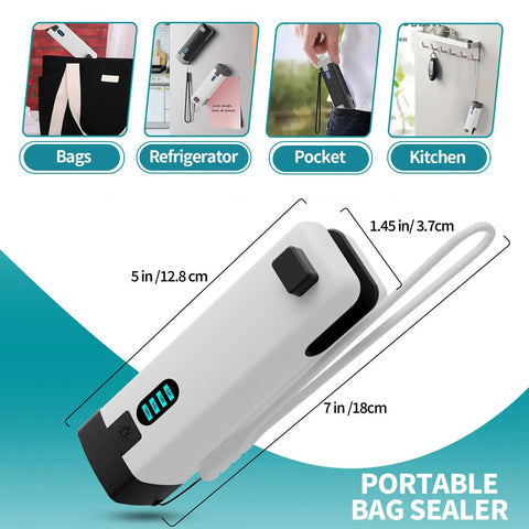 Rechargeable Mini Bag Sealer Three In One With Cutter And LED Flashlight Magnetic Base For Resealing Snack Bags And Plastic Bags Beige White Portable And Travel Friendly For Everyday Use Must Have USB Charging Cord Included, shown with dimensions and uses.