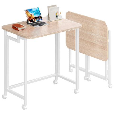 23.6 Inch Mobile Rolling Computer Desk With Wheels Folding Laptop Cart Table For Small Spaces Portable Home Office Desk On Casters Natural And White Finish.