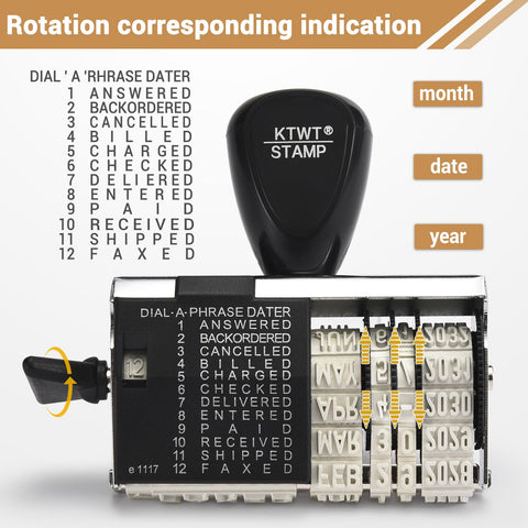 Heavy Duty 12 Phrase Date Rubber Stamp Slick Adjustable Office Stamper Featuring Month Letters With Numerical Day Year Format showing month, date, year dials.