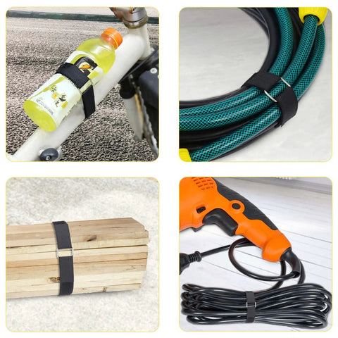 Adjustable 1 Inch Hook And Loop Cable Straps With 50 Metal Buckles securing items like bottles, cables, and tools, black color.
