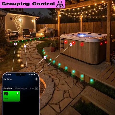 Outdoor setup with 30 Pack 1.22 Inch Low Voltage RGBW Deck Lights with WiFi App, IP67 waterproof, black housing illuminating pathway