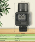 Water Flow Meter For Garden Hose With IPX6 Waterproof LCD Display showing dimensions and specifications