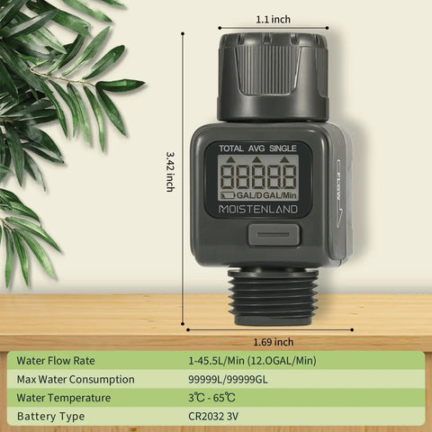 Water Flow Meter For Garden Hose With IPX6 Waterproof LCD Display showing dimensions and specifications