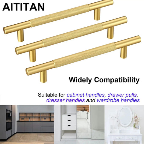 Gold knurled cabinet handles shown suitable for cabinet handles, drawer pulls, dresser handles, and wardrobe handles.