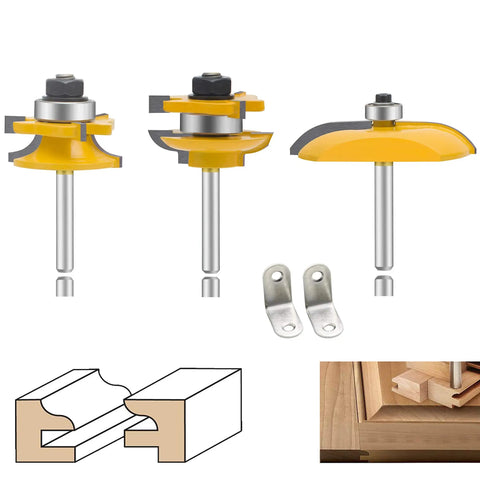 Three Piece Router Bit Set With One Quarter Inch Shank For Ogee Rail And Stile Cabinet Doors Round Over And Raised Panel Profiles