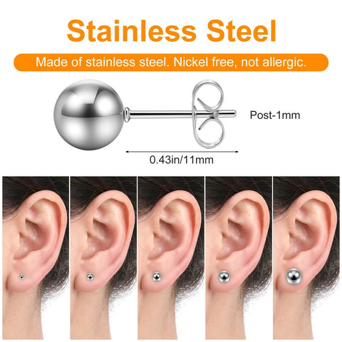 15 Pairs Ball Stud Earrings Set 2mm To 6mm Stainless Steel Hypoallergenic Nickel Free Simple Everyday Studs For Women Great Gift Idea Multisize Earring Set With Silver Finish, 1mm post
