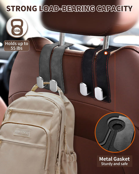 4 Pack Leather Car Headrest Hooks With Double Hooks Rotating 360 Degree Backseat Organizer Hangers For Purses And Bags No More Backseat Clutter Gentle On Seats Nonmarking Black holding a beige backpack